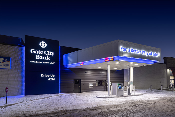 Evening view of Gate City Bank in Williston, ND, located inside Cash Wise Foods at 300 11th Street West