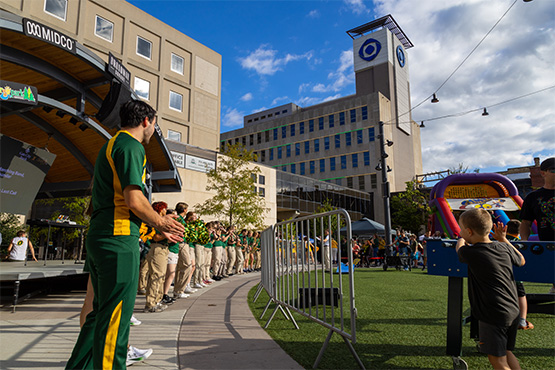 NDSU&rsquo;s Gold Star Marching Band and Cheer Team perform at the Gate City Bank NDSU Homecoming party.