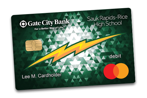 Example of Sauk Rapids-Rice High School debit card from Gate City Bank