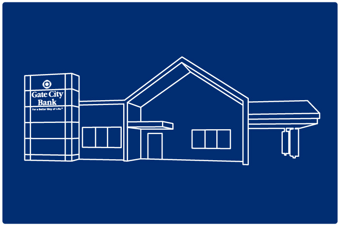 Line illustration of new Gate City Bank building in Carrington, scheduled to open in late July 2026
