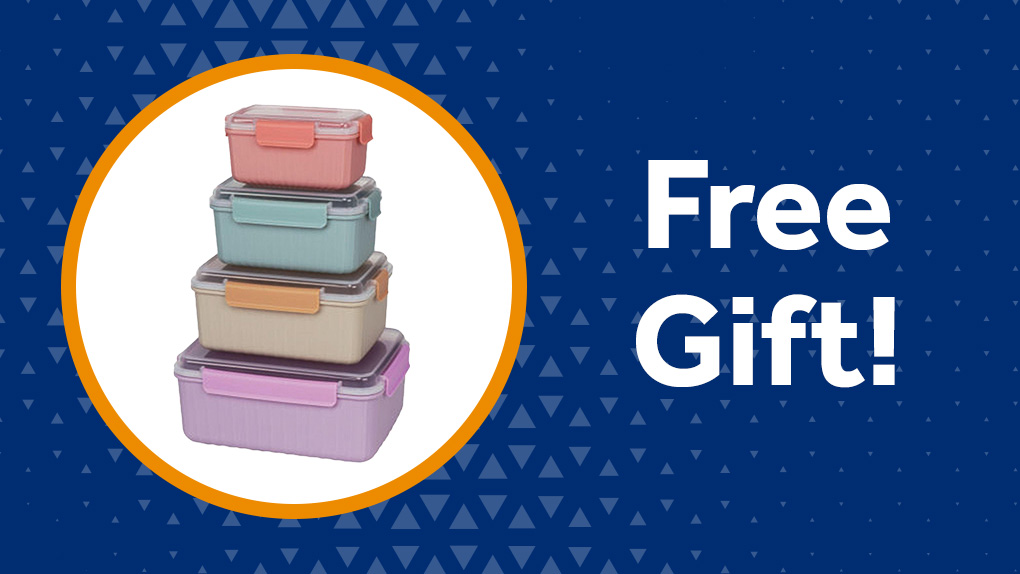 Stack of four pastel food storage containers with snap-and-lock lids, available as a free gift for referrals and new customers