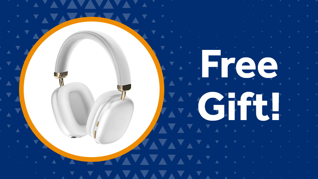 White and gold wireless noise-canceling headphones, available as a free gift for referrals and new customers