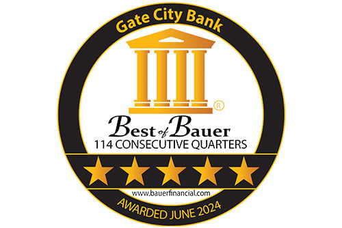 gold Best of Bauer seal showing Gate City Bank has received a five-star rating since 1996