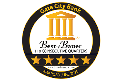 gold Best of Bauer seal showing Gate City Bank has received a five-star rating since 1996