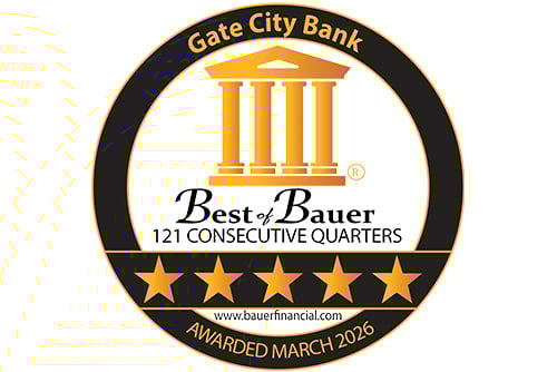 gold Best of Bauer seal showing Gate City Bank has received a five-star rating since 1996