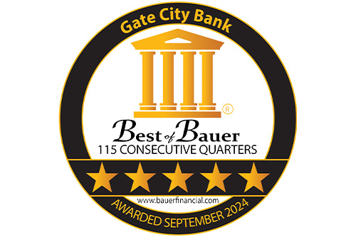 gold Best of Bauer seal showing Gate City Bank has received a five-star rating since 1996