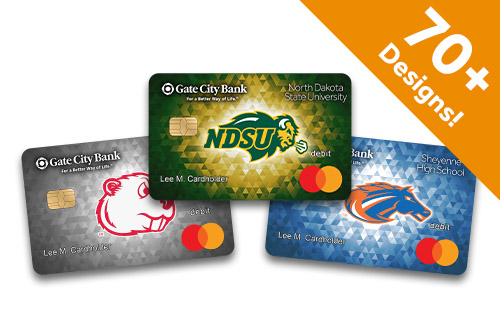 Sample collage of 70+ school debit card designs available free from Gate City Bank 