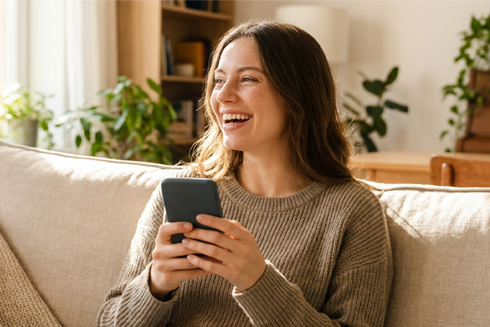 A young woman takes the FinHealth Score quiz in the Gate City Bank app from her apartment in Grand Forks, ND.
