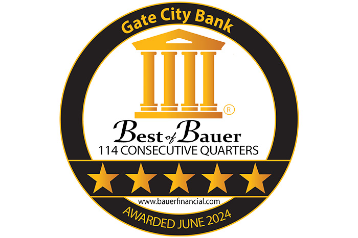 gold Best of Bauer seal showing Gate City Bank has received a five-star rating since 1996
