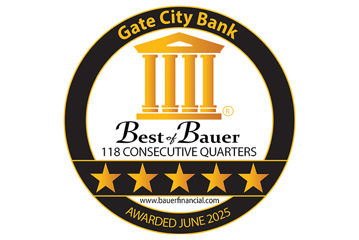 gold Best of Bauer seal showing Gate City Bank has received a five-star rating since 1996
