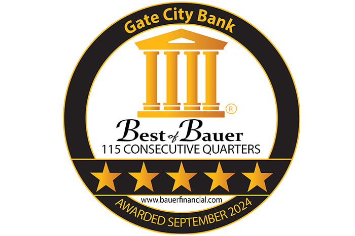 gold Best of Bauer seal showing Gate City Bank has received a five-star rating since 1996