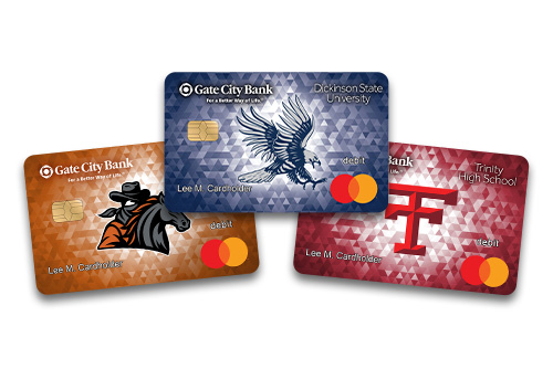 Collage of Gate City Bank school debit cards for Dickinson High School, Dickinson State University and Trinity High School 