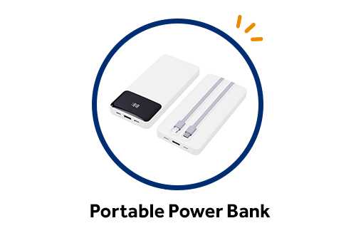 White portable power bank with USB-C and Lightning charging cables, available as a free checking gift from Gate City Bank