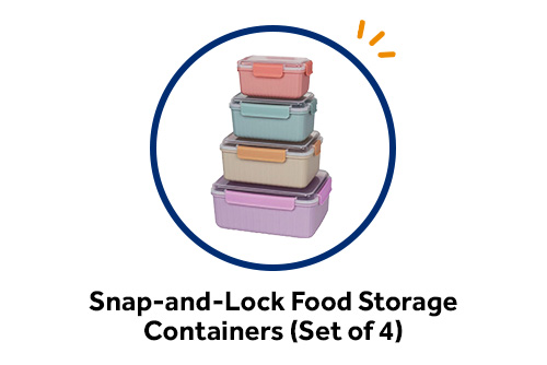 Stack of four plastic, pastel-colored food storage containers with snap-and-lock lids, available as a free checking gift 