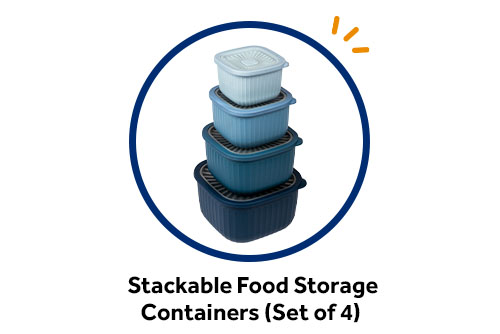 Stack of four blue food storage containers with air-tight lids, available as a free checking gift from Gate City Bank