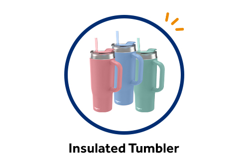 three insulated tumbler mugs with handles, available in your choice of colors: rose pink, cornflower blue or sage green