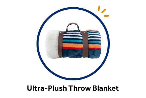Striped velvet and sherpa throw blanket, available as a free checking gift from Gate City Bank