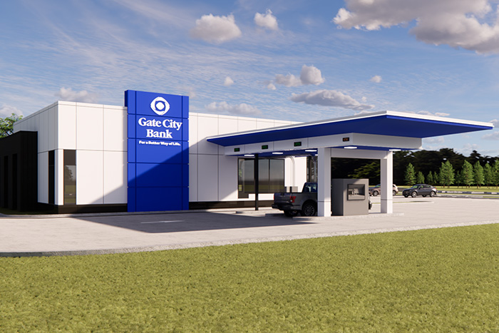 Graphic illustration of the new Gate City Bank to open in Horace, ND, in late 2027.
