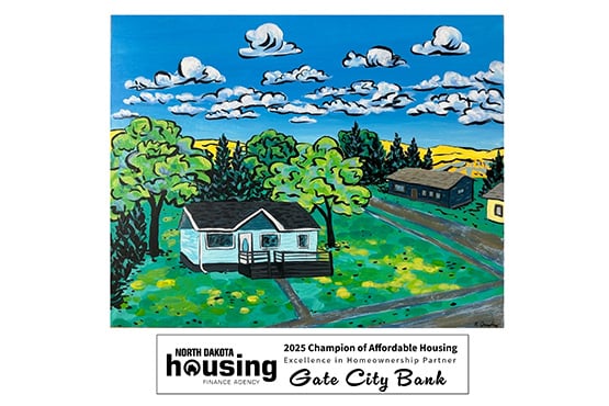 The 2025 NDHFA Champion of Affordable Housing award is a painting of a home surrounded by trees and a field.